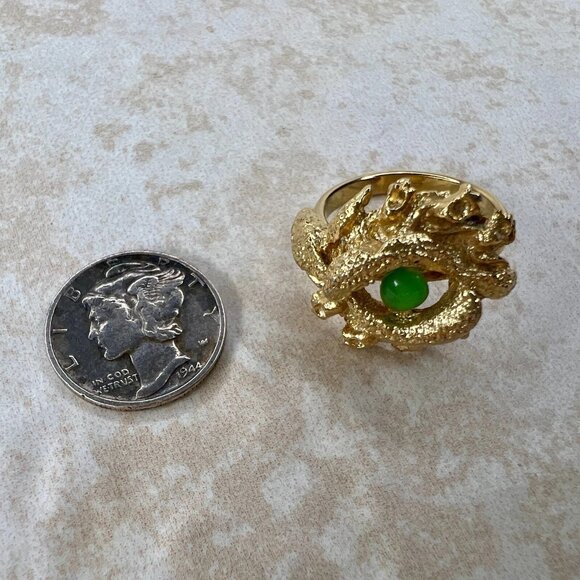 Brutalist Gold Tone Green Orb Adjustable Ring – Vintage Statement Size 6.5 - Picture 6 of 6